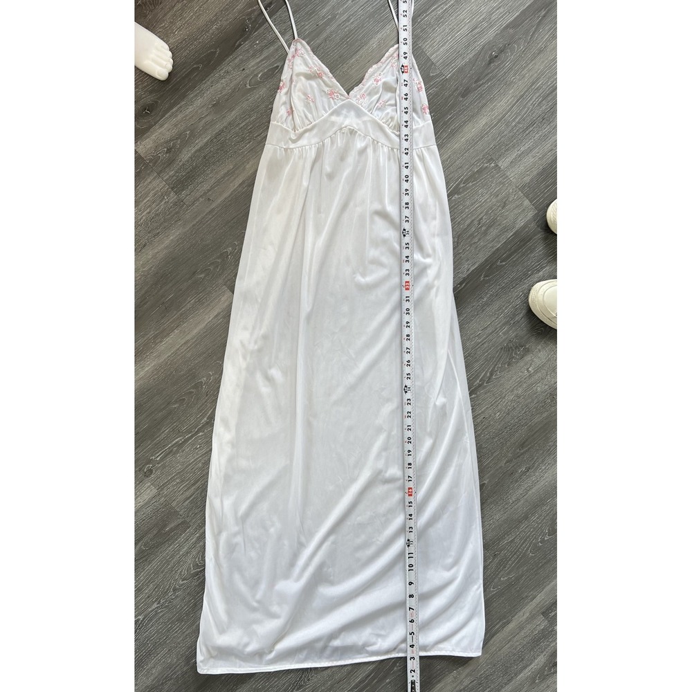Vintage White Pink Floral Embroidered Satin Slip Dress Maxi Nightgown Size L - Picture 8 of 10